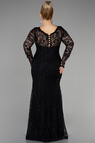 Abiyefon Black Long Guipure Long Sleeve Plus Size Evening Dress Abu1574
