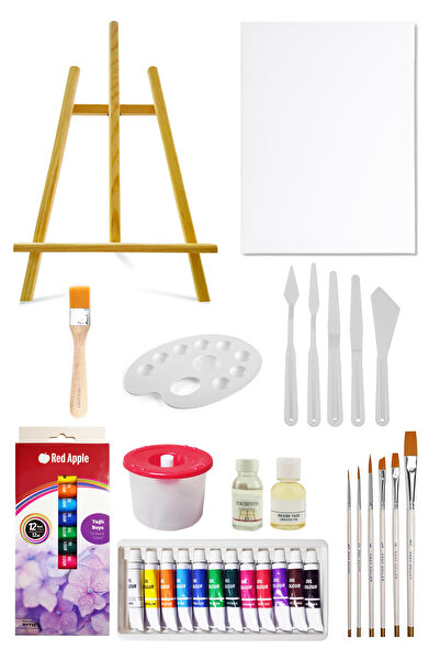 ACUTO Masaüstü Şövale Seti Tüp Yağlı Boya Seti 12li Plastik Spatula Seti 35x5...