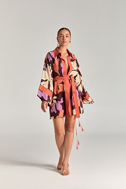 Nur OSKAY Somon Renk Detaylı Şortlu Kimono