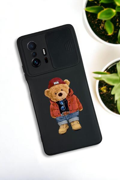 mooodcase Xiaomi 11T Uyumlu Teddy Bear Desenli Kamera Koruma Slider Kapaklı Silikonlu Telefon Kılıfı