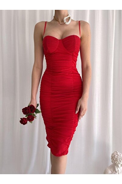 Afiş Butik Kırmızı Ince Askılı Full Drapeli Elbise