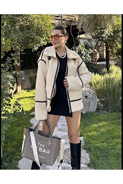 TarzTekstil Γυναικείο βελούδινο παλτό σε μπεζ Premium σχέδιο με φερμουάρ