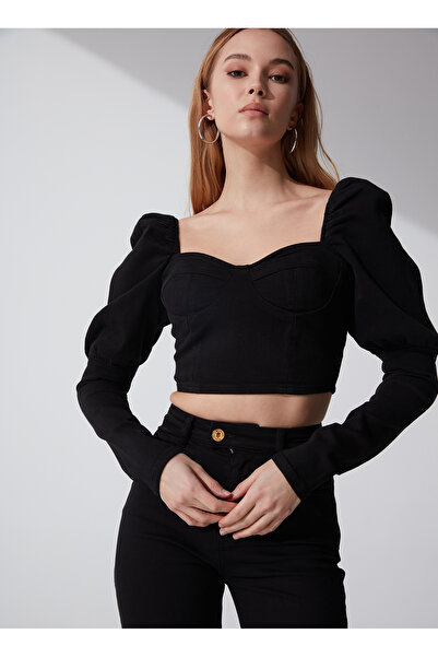 Rocky girl Karpuz Kol Glop Detaylı Mini Siyah Denim Büstiyer