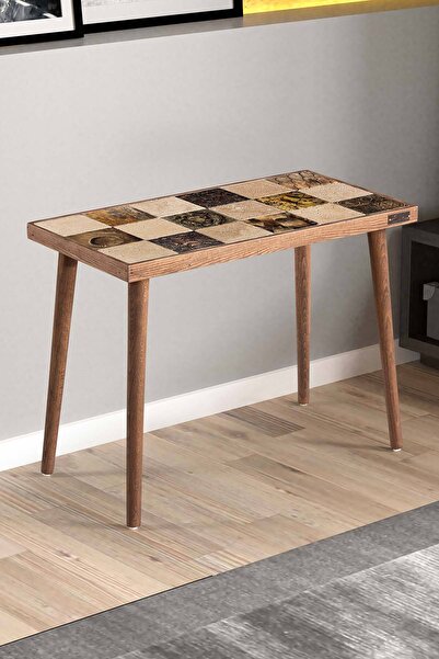 bluecape Traverten Taşlı Lyon Doğal Ağaç 62x32cm Ceviz Dekoratif Sehpa