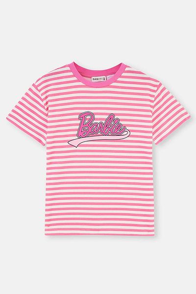 Dagi Tricou roz cu mânecă scurtă cu dungi cu imprimeu Barbie