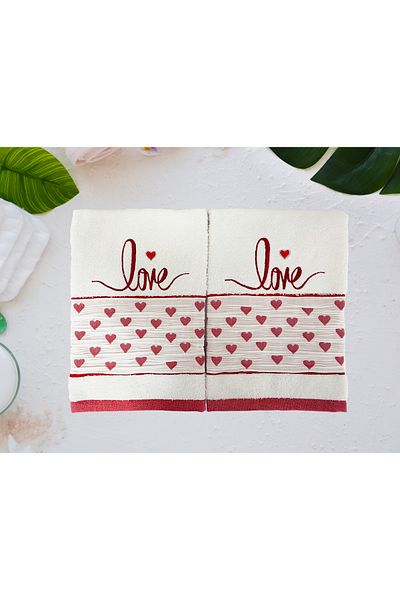 Lucy and Home 100% Βαμβάκι LOVE Κεντημένο, Καρδιά Σετ Πετσέτες 2 50x100cm