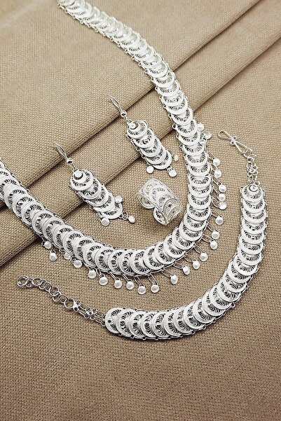 Oruçoğlu Gümüşçülük 925 Ayar Gümüş Mardin Midyat Yöresel Telkari El Işçiliği Akçe Model Pullu 4'lü Kadın Takım&set