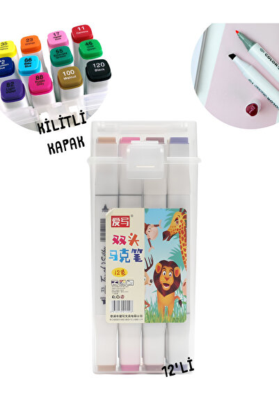 ALLStore TOUCH MARKER KALEM 12 Adet Çift Taraflı Marker Kalem DOUBLE 12 Li KİLİTLİ ÇANTALI