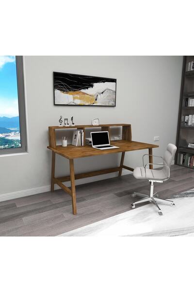 WOODFACE Masif Ahşap Çalışma Masası 120x60 Doğal Ahşap Tek Raflı 3 Bölüm Özel...