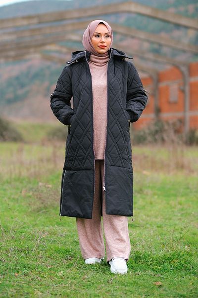 Minel Women's Black Rib Detailed Hooded Quilted Coat