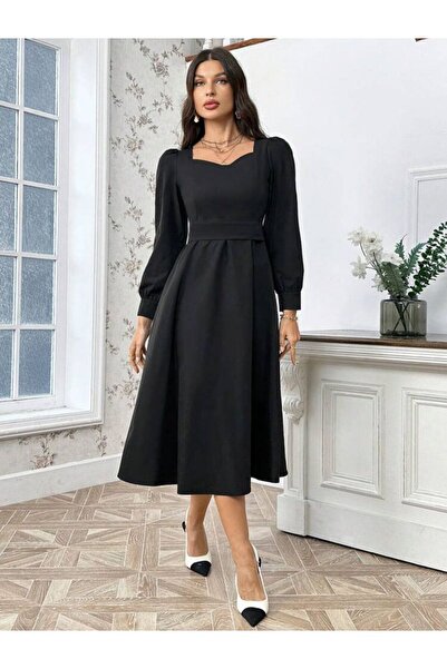 Styling Park Kuşaklı Midi Boy Uzun Kollu Elbise Mezuniyet Düğün Balo Nikah