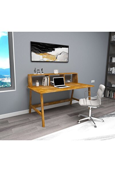 WOODFACE Masif Ahşap Çalışma Masası 120x60 Doğal Ahşap Tek Raflı 3 Bölüm Özel...