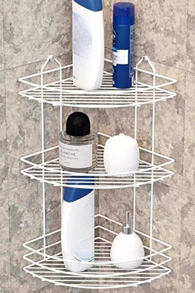 Kitchen Store 3 katlı Beyaz Banyo Köşeliği Köşe Rafı Duş Şampuanlık Duvar Düz...