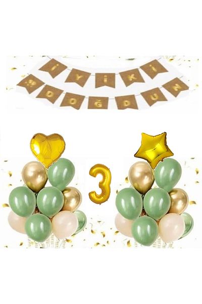 DÜVENCİ TİCARET 1 Year Old Kraft Gold Leaf Happy Birthday Banner Balloon Set
