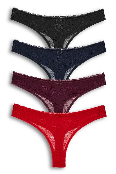 HNX 4-Piece Front Lace Back Double Layer Cotton Thong Women's Panties