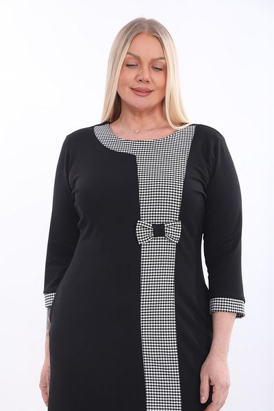 etselements X MODAPO Γυναικείο παπιγιόν Λεπτομερές ύφασμα Houndstooth Midi Plus Size Φόρεμα