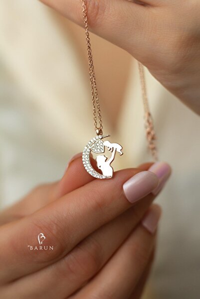 BY BARUN SİLVER Anne Bebek Kolye 925 Ayar Beyaz Zirkon Taşlı Rose Pembe Gümüş...