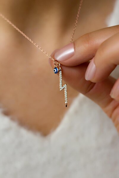 BY BARUN SİLVER Nazar Kolye Şimşek Yıldırım Göz Boncuklu Rose Pembe I 925 Aya...