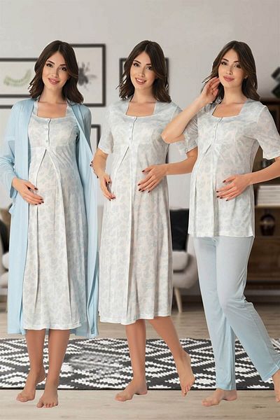 Lohussa Set de pijamale și halat de damă cu model albastru - cu mâneci scurte, set de 4 pentru femei însărcinate și maternitate