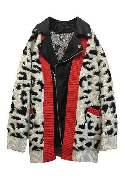 FEMELLE Dámský svetr z koženého oversize pleteného leopardího vzoru na zip