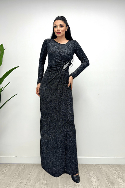 giyimmasalı Glitter Fabric Gather Detailed Fishnet Evening Dress - Silver