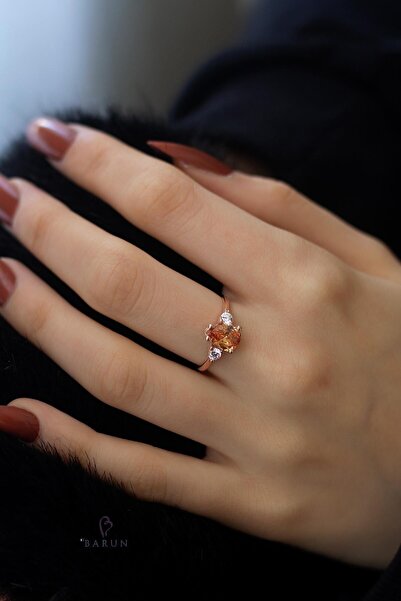 BY BARUN SİLVER Ayarlanabilir Yüzük Damla Yuvarlak Sarı Sitrin 925 Ayar Zirkon Taşlı Rose Pembe Gümüş Yüzük