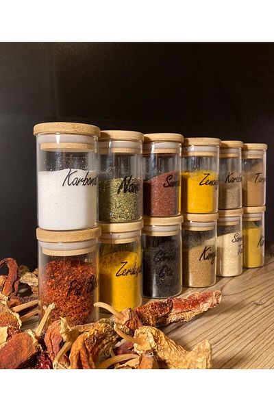 Pembelia Life 12-Piece Bamboo Vacuum Lid Glass 180 Ml Spice Jar Set Labeled Spice Set