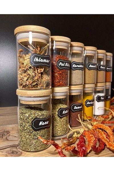 Kitchen Pembelia 12-Piece Labeled Bamboo Vacuum Glass with Lid 180ml Spice Rack Storage Container Spice Set