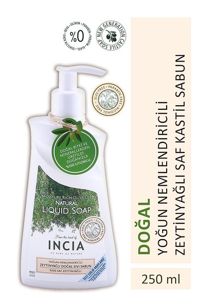 Incia 100% Natural Liquid Castile Soap Intensive Moisturizing with Olive Oil 10 Herbal Precious Oil Vegan 250 ml