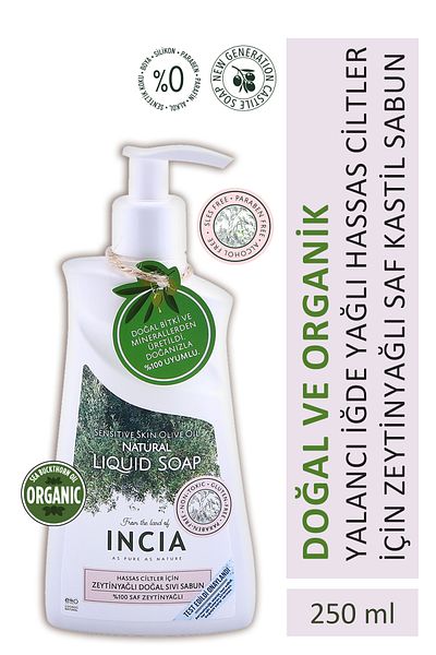 Incia 100% Natural Liquid Castile Soap with Olive Oil for Sensitive Skin 10 Herbal Precious Oils Vegan 250 ml