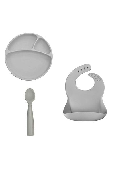 OiOi Portion Set Powder Grey (plate+basic Apron+nam Nam)
