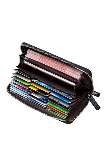 BISON DENIM Genuine Leather Men's Italian Wallet - Long Zipper
