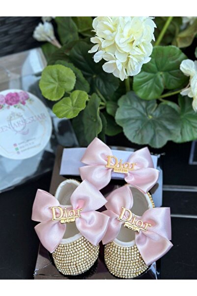 QUEEN AKSESUAR Luxury brand fashion brooched with crystal rhinestones pink bow baby girl designer shoes booties hairband