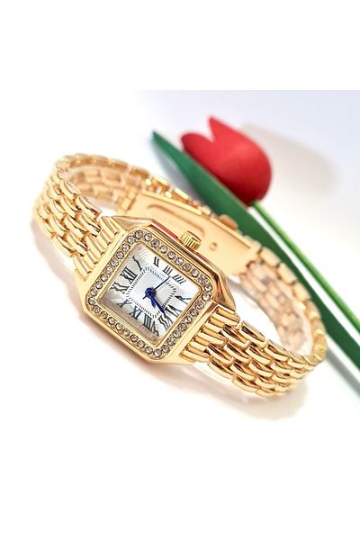 Marlas Gold Colored Stoned Snake Pattern Women's Wristwatch