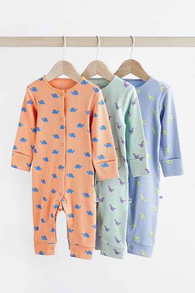 Next Baby Orange Shiny Dino Printed - 100% Cotton Footless 3-Piece Jumpsuit Set