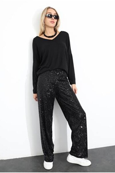 Genel Markalar Beli Lastikli ve Pul Payetli Tasarım Bol Pantolon siyah