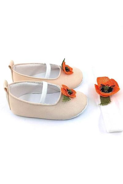 Babytor Special Series Orange Poppy Needle Embroidered Ecru, Elastic Ballet Shoes, Baby Girl's Shoes and Bandana