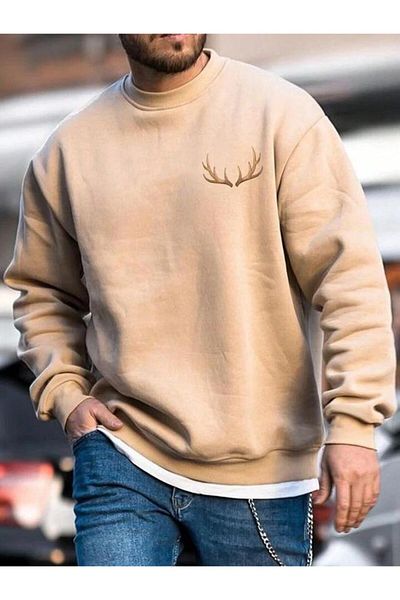 AEMİ Ανδρικό φούτερ με στάμπα Deer Horn Oversize Crew Neck Βαμβακερό
