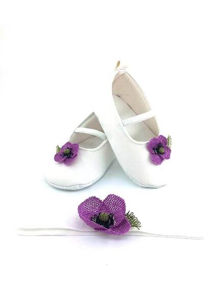 Babytor PURPLE NEEDELY EMBROIDERED WHITE, ELASTIC SHOES, BABY GIRL SHOES AND BANDANA
