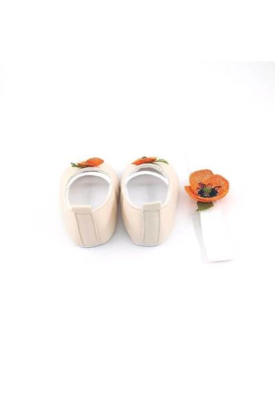 Babytor Special Series Orange Poppy Needle Embroidered Ecru, Elastic Ballet Shoes, Baby Girl's Shoes and Bandana