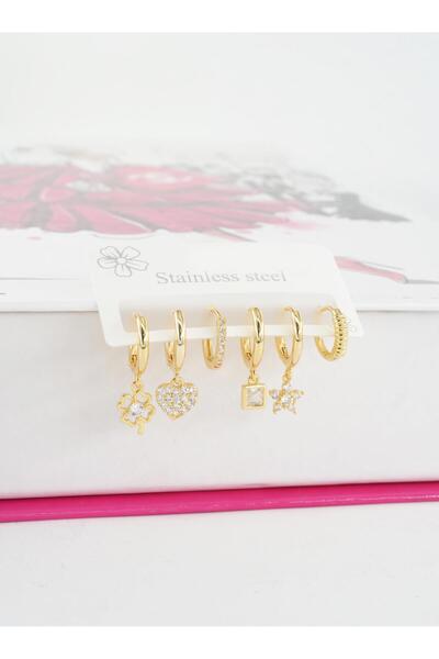 By Zeyna Aksesuar Kadın Vip Seri Özel Tasarım Baget Zirkon Taşlı 6'lı Küpe Seti