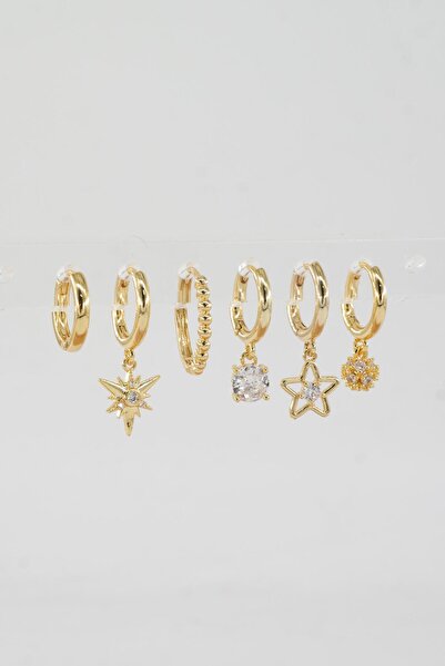 By Zeyna Aksesuar Kadın Vip Seri Özel Tasarım Baget Zirkon Taşlı 6'lı Küpe Seti