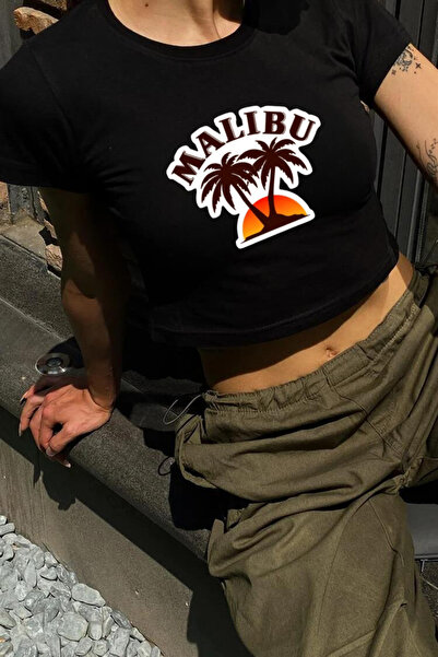 Violon Y2K ulični stil, malibu uzorak, štampana crna kratka majica sa kratkim...