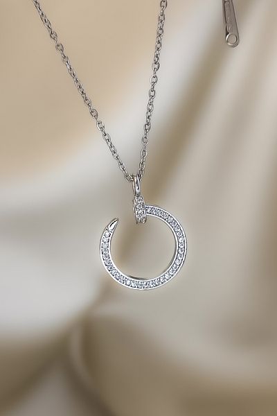 COSİTA Silver Nail Model Round Zircon Stone Row Minimal Steel Necklace