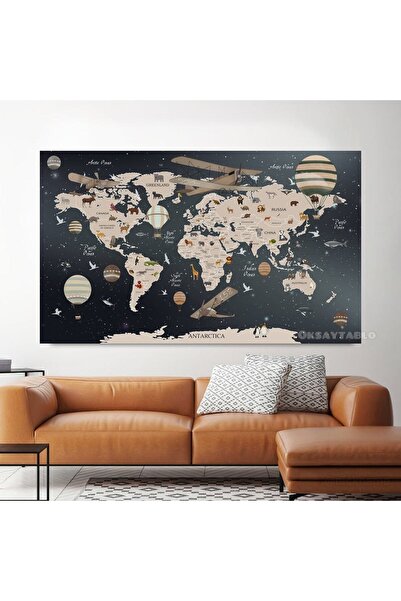 Oksay Tablo Dünya Haritası Çocuk Odası Dekoratif Kanvas Tablo