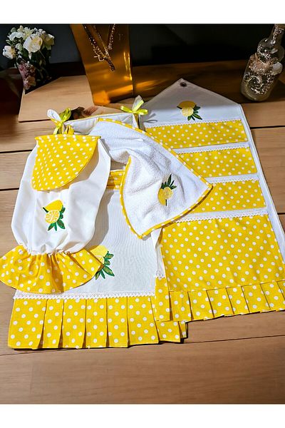 shules collection Limom Embroidered, Care-Free Fabric, Pleated, Set of 5 (OVEN CLOTH, ORGANIZER, BREADBAKE, TOWEL, POTTACH)