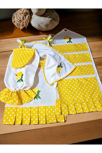 shules collection Limom Embroidered, Care-Free Fabric, Pleated, Set of 5 (OVEN CLOTH, ORGANIZER, BREADBAKE, TOWEL, POTTACH)