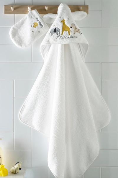 Next Baby 100% Cotton White Safari Hooded Baby Bath Towel