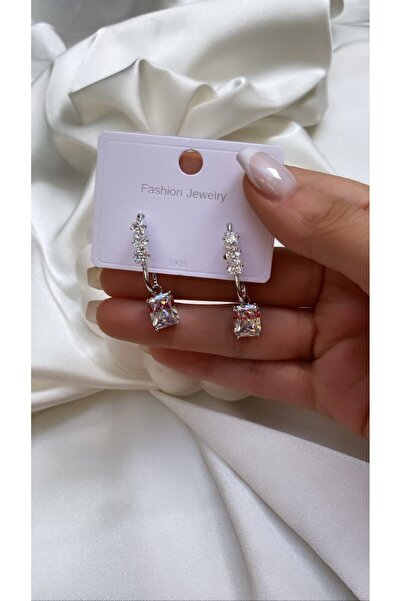 Accessories Baget Taşlı Su Yolu Sallantılı Gümüş Renk Çelik Küpe