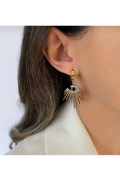 Accessories Kadın Çelik Gold Renk Zirkon Taşlı Göz Model Sallantılı Küpe